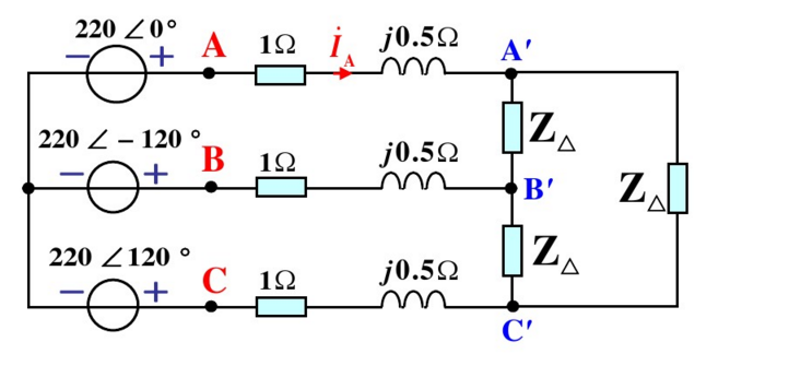 图所示对称三相电路，已知负载阻抗Z△=21＋j22.5Ω，。求：  （1)三相电源发出的总功率；  