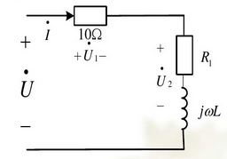 图所示正弦交流电路中，已知各电压有效值分别为U1=U2=10V，U=17.32V，电源频率为50Hz
