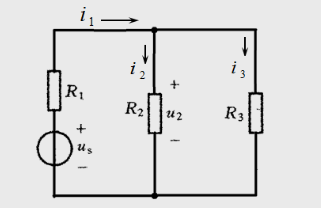 电路如图所示，已知us=100V，R1=2kΩ，R2=8kΩ。试求电压u2和电流i2、i3：电路如图