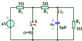 图所示电路原已处稳态，t=0时开关S闭合。求换路后的电容电压uc（t)和电感电流iC（t)。图所示电