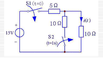 图3－19所示电路中开关S1在t=0时闭合，开关S2在t=1s时闭合，试用阶跃函数表示电流i（t)。