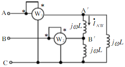如图所示为对称三相电路，线电压为380V，相电流IA'B'=2A。求图中功率表的读数。如图所示为对称
