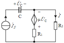 已知图所示电路中，Is=10A，ω=5000rad／s，R1=R2=10Ω，C=10μF，μ=0.5