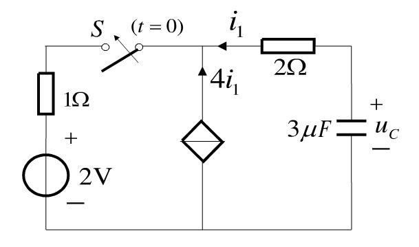 如图所示电路中开关闭合前电容无初始储能，t=0时开关S闭合．求t≥0时的电容电压uC（t)。如图所示