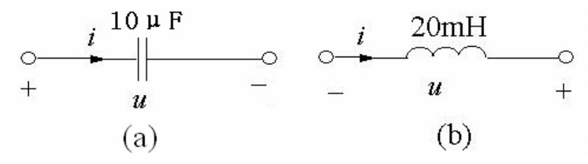 电容元件与电感元件中电压、电流参考方向如图所示，且知uC（0)=0，iL=0，    （1)写出电压