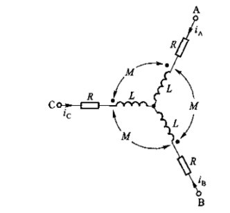 如图所示对称三相耦合电路接于对称三相电源，电源频率为50Hz，线电压U1=380V，R=30Ω，L=