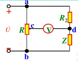 在图所示电路中，已知U=100V，R2=6.5Ω，R=20Ω，当调节触点c使Rac=4Ω时．电压表的