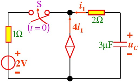 如图所示电路中开关闭合前电容无初始储能，t=0时开关S闭合．求t≥0时的电容电压uC（t)。如图所示