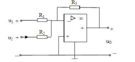设图中所示电路的输出uo为  uo=－3u1－0.2u2  已知R3=10kΩ，求R1和R2。设图中
