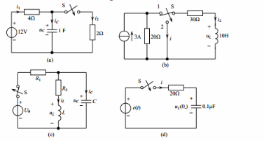 如图所示各电路中，开关S在t=0时动作，试求各电路在t=0＋时刻的电压、电流。已知图（d)中的，uC