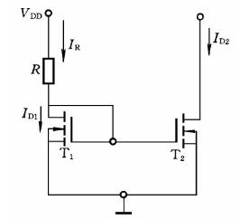 在图3－5所示电路中，假设两管μn、Cox相同，VGS（th)=0.75V，ID2=1mA。若忽略沟