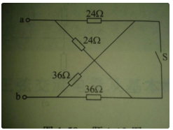 如图所示的双T形电路，分别求当开关S闭合时及断开时ab端的等效电阻。    