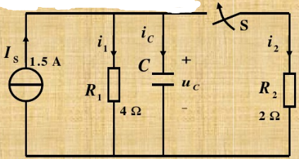 如图所示电路，开关S原是闭合的，电路已处于稳态，t=0时开关断开。求初始值uL（0＋)、i（0＋)和