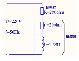 一日光灯与镇流器串联接到U=220V，f=50Hz的电源，已知日光灯的等效电阻r=208Ω，镇流器电