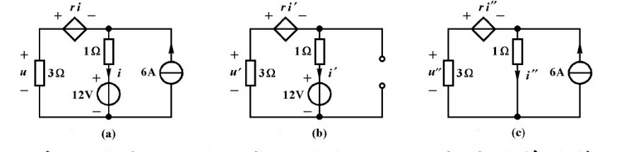 含受控源电路如图（a)所示。已知r=2Ω，试用叠加定理求电流I和电压U。含受控源电路如图(a)所示。