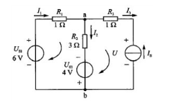 如图所示电路中，已知a，b两点间电压Uab=8V，其余参数如图所示。求支路电流I1，I2和I3，电流