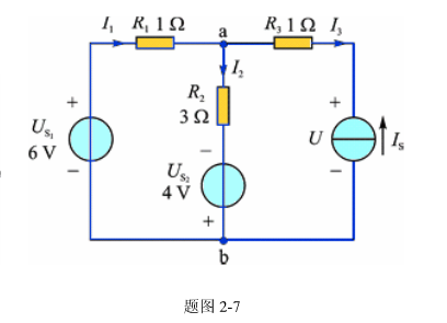 如图2－7所示电路中，已知a，b两点间电压Uab=8V，其余参数如图所示。求支路电流I1，I2和I3
