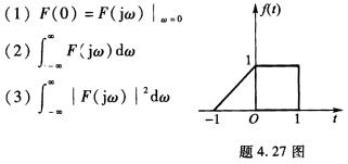如题4．27图所示信号f（t)的频谱函数为F（jω)，求下列各值[不必求出F（jω)]。如题4．27
