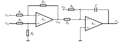 电路如下图所示，A1、A2为理想运放，电容的初始电压vC（0)=0。（1)写出vo与vI1、vI2、
