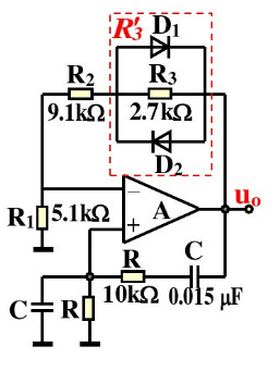 图题9.6.8为RC桥式正弦波振荡电路，已知A为运放741，其最大输出电压为±14V。（1)图中用二
