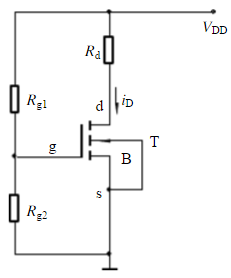 电路如下图所示，设Rg1=90kΩ，Rg2=60kΩ，Rd=30kΩ，VDD=5V，VT=1V，KN