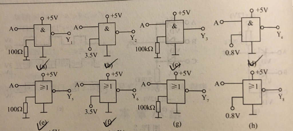 说明图所示各个CMOS门电路输出端的逻辑状态，写出相应输出信号的逻辑表达式。