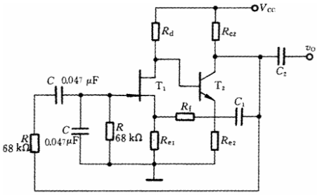 电路如下图所示。（1)试从相位平衡条件分析电路能否产生正弦波振荡；（2)若能振荡，Rf和Re1的值应