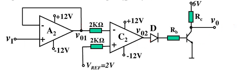 电路如图题9.8.1所示，A1为理想运放，C2为比较器，二极管D也是理想器件，Rb=51kΩ，Rc=