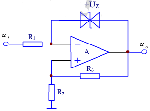 电路如图题9.8.6所示，设稳压管DZ的双向限幅值为±6V。（1)试画出该电路的传输特性；（2)画出