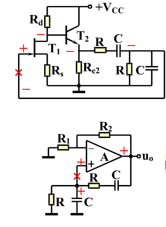 一节RC高通或低通电路的最大相移绝对值小于90°，试从相位平衡条件出发，判断下图所示电路哪个可能振荡