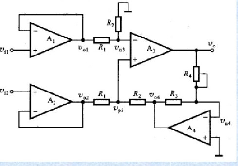 下图为一增益线性调节运放电路，试求该电路的电压增益Av=vo／（vi1－vi2)的表达式。下图为一增