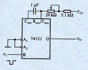 由集成单稳态触发器74121组成的延时电路及输入波形如下图所示。试计算：（1）计算输出脉宽的变化范围