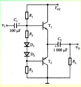 一单电源互补对称电路如图题8.4.3所示，设T1、T2的特性完全对称，vi为正弦波，VCC=12V，
