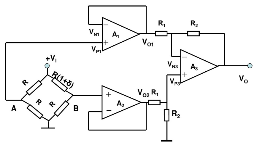 一高输入电阻的桥式放大电路如下图所示，试写出vo=f（δ)的表达式（)。一高输入电阻的桥式放大电路如