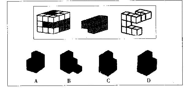 下列所给图形的左侧是一完整的立方体，中间和右侧再加上下列选项中的（)就可以构成左侧的完整的立下列所给