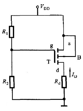 电路如下图所示，设R1=R2=100kΩ，VDD=5V，Rd=7.5kΩ，VT=－1V，Kp=0.2