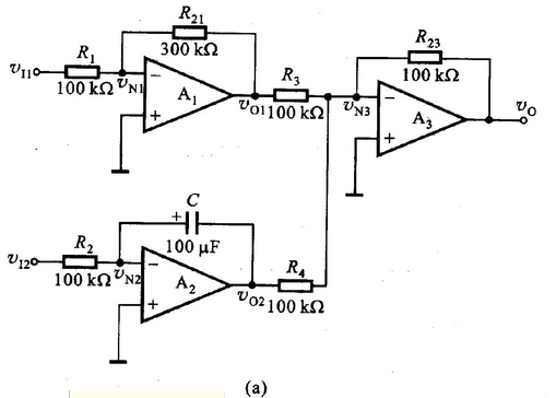 电路如图题2.4.14（a)所示。设运放是理想的，电容器C上的初始电压为零vC（0)=0。vI1=－