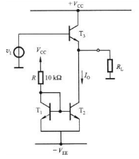 电路如下图所示，用镜像电流源（T1、T2)对射极跟随器进行偏置。设，求电流IO的值。若ro（rce)