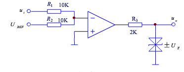 一比较器电路如图题9.8.4所示。设运放是理想的，且VREF=－1V，VZ=5V，试求门限电压值VT