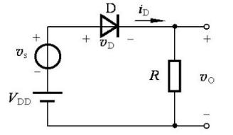 电路如图题3.4.10所示，D为硅二极管，VDD=2V，R=1kΩ，正弦信号vS=50sin（2π×
