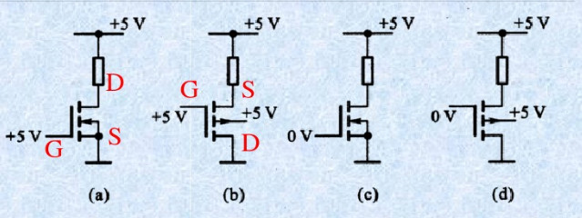 已知下图所示各MOSFET管的，忽略电阻上的压降，试确定其工作状态（导通或截止)。已知下图所示各MO