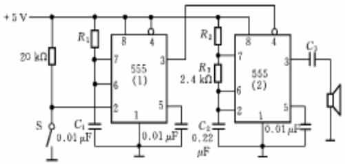 分析如下图所示电路，简述电路组成及工作原理。若要求扬声器在开关S按下后以1.2kHz的频率持续10s