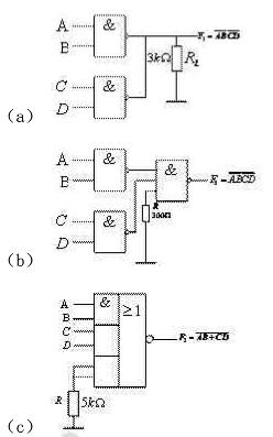 用图（a)～（e)所示电路分别实现下列逻辑关系：  ；  ；  ；  ；  。  电路均由TTL门电