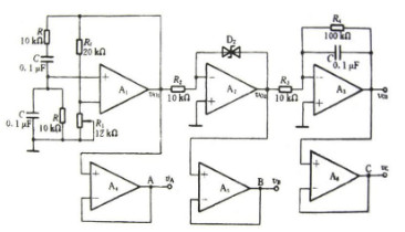 图题9.8.8为一波形发生器电路，试说明，它是由哪些单元电路组成的，各起什么作用，并定性画出A、B、
