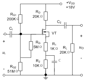 电路如下图所示。设R=0.75kΩ，Rg1=Rg2=240kΩ，Rs=4kΩ，场效应管的gm=11.