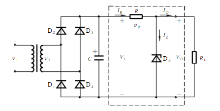 并联稳压电路如图题10.2.1所示，稳压管DZ的稳定电压VZ=6V，V1=18V，C=1000μF，