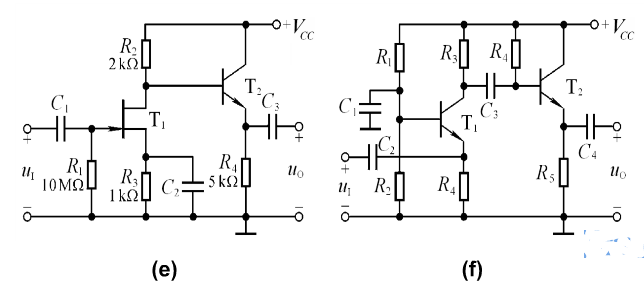 判断图T3.3所示各两级放大电路中，T1和T2管分别组成哪种基本接法的放大电路。设图中所有电容对于交