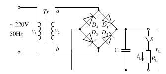 桥式整流、电容滤波电路如下图所示，已知交流电源电压V1=220V、f=50Hz，RL=50Ω，要求输