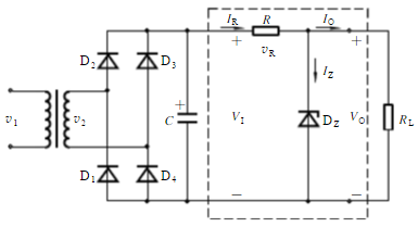 并联稳压电路如图题10.2.1所示，稳压管DZ的稳定电压VZ=6V，V1=18V，C=1000μF，