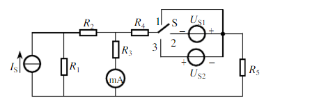 图2－20中，Us1=10V，Us2=15V，当开关S在位置1时，电流表读数I&#39;=40mA；